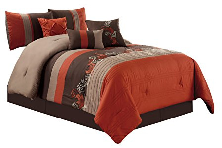 Chezmoi Collection Napa 7-Piece Luxury Autumn Leaves Scroll Embroidery Bedding Comforter Set (Queen, Rust Orange/Brown/Taupe)