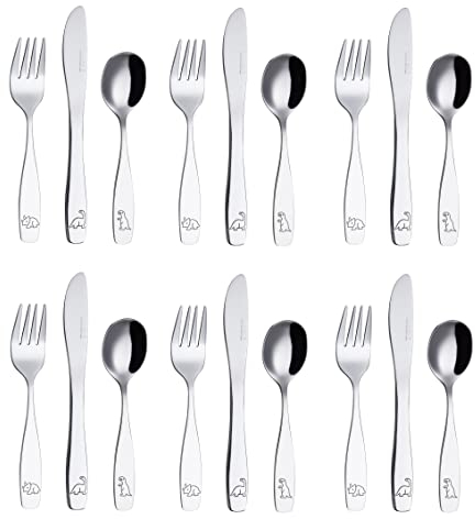 EXZACT Kinderbesteck 18 Teiliges Edelstahl - Besteck Kinder ab 2 Jahre - Spülmaschinengeeignet Gravurbesteck - 6 x Gabeln, 6 x Sicherheitsmesser, 6 x Esslöffe (Dinosaurier x 18)