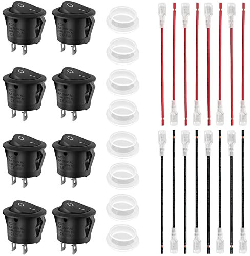 8Pcs Interrupteur à Bascule ON Off KCD1 Mini Interrupteur à Bascule Rond SPST 2Pin avec Fils et Capuchon étanche, 10A 125V AC;6A 250V AC;20A 12V DC(Noir)
