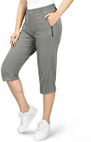 33,000ft Women's Capri Golf Trousers Casual Quick Dry UPF 50+ Lightweight Quick Dry 3/4 Cargo Pants Hiking Shorts with Pockets Grey-Green UK 20