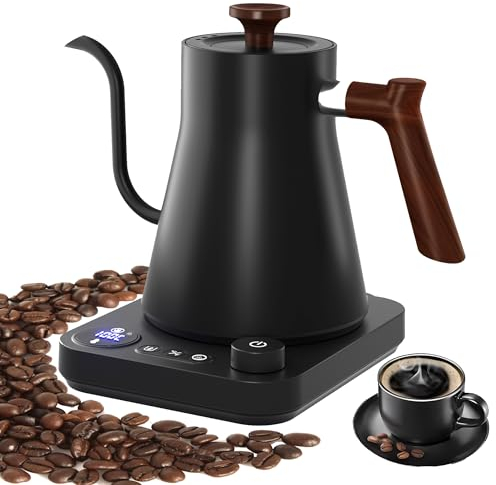 Hervidor eléctrico de cuello de cisne con pantalla LCD, hervidor de agua caliente con control de temperatura en tiempo real, conmutable ℉/℃, 1200W, 0.9L, acero inoxidable 304,negro mate