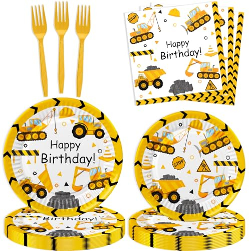 80 Pcs Construction Party Supplies Construction Disposable Paper Dinner Plates Napkins Forks Dinnerware for Dump Truck Theme Baby Shower 1st 2nd 3rd 4th Bday Party Decorations
