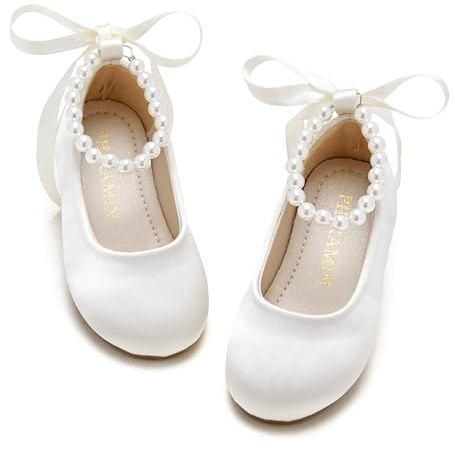 PHIRAMIN Toddler Flower Girl Satin Ivory White Dress Shoes - Little Girl Ballet Flats Size 9 Pearl Wedding Party