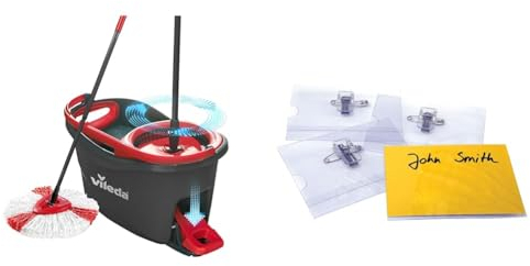 Vileda Turbo Microfibre Mop and Bucket Set, Spin Mop for Cleaning Floors, Set of 1x Mop and 1x Bucket,Grey/Red,48.5 x 27.5 x 28 cm & Announce 40 x 75 mm Combi Clip Name Badge, Pack of 50