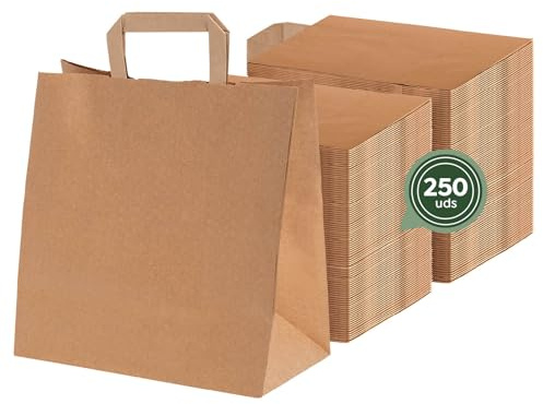 MAXI PRODUCTS - 250 Bolsas Papel Kraft con Asa Plana - 25 x 18 x 26 cm - Bolsas Regalo - Bolsitas Regalo Personalizables - Eventos y Hotelería - Comunión, Cumpleaños, Bodas - PERSONALIZABLES