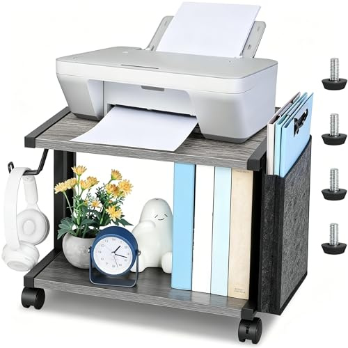 smusei Support d'imprimante, à 2 niveaux, petit support d'imprimante en bois, avec sac de rangement et roulettes verrouillables à 360 °, pour la maison, le bureau, l'organiseur de bureau, 44 x 28 x 28