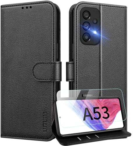UITUIM Coque pour Samsung Galaxy A53 5G Coque Etui Portefeuille Cuir avec Verre Trempé Protection Écran Porte Carte Rabat Clapet Flip Case Étui Cover Housse Etui pour Samsung Galaxy A53 5G,Noir