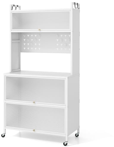 GOPLUS Köksskåp med 5/6 nivåer, bufféskåp med bänkskiva och skåp, förvaringsskåp med fällbara dörrar, krokar, köksbuffé med hjul, mikrovågsugnsskåp (vitt, 80 x 40 x 160 cm)