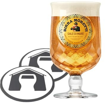 GarageBar Verre à bière Birra Moretti Sale Di Mare | Calice à pied de 590 ml | Produit officiel | Livré avec 2 tapis anti-goutte à bière (1 verre – pinte/590 ml)