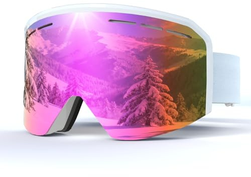 VCOROS Gafas de Esquí,YH359 Gafas Esqui OTG para Unisex Ajustable Tamaño Anti-Niebla Protección UV Snowboard Nieve Espejo para Ski Ciclismo Deportes de Invierno (04-REVO Pink/White(VLT 14%))