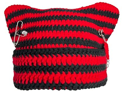 Hshsclth Cat Ear Crochet Beanie Hat Y2K Style with DIY Accessories Goth Knit Hat for Women Girls (US, Alpha, One Size, Red and Black Stripe)