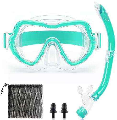 IEEILULU Gafas Piscina Niños 5-14 Años, Incluye Gafas, Tubo Respirador, Tapones Impermeables y Bolsa de Malla – Antiniebla y Visión Panorámica 180° HD (Verde)