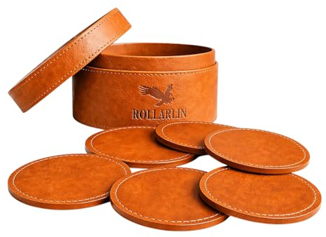 ROLLARLIN Glasuntersetzer Set 6er mit Halter aus PU Leder, rutschfest, wasserdicht, hitzebeständig – Tischschutz für Gläser & Tassen, Braun