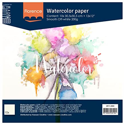 Carta per Acquerello Florence Testurizzata 10x - Carta per Pittura ad Acqua 30,5 x 30,5 cm - Bianco Sporco - Blocco da Disegno e Libro d'arte per Disegno e Acquerello - 200 gsm