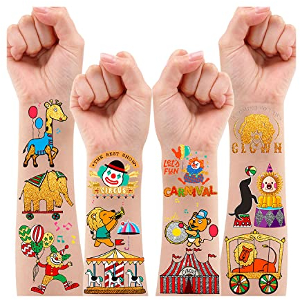 Leesgel Tattoo Kinder Zirkus, 32 Stile Zirkus Metallic Glitzer Tattoo Set Kinder Tattoo Aufkleber für Karneval Party Deko Festival Zubehör, Mitgebsel Kindergeburtstag Geburtstagsdeko Mädchen Spielzeug