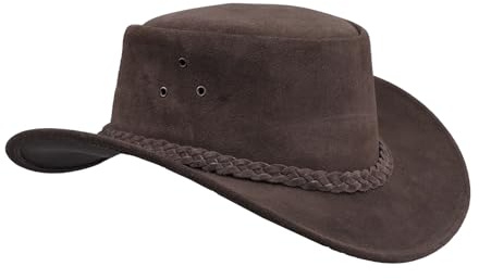 Leatherick Sombrero de Vaquero Impermeable Gamuza Real Marrón Oscuro Estilo Australiano Western Outback Bush Sombrero de Cuero (XL, Marrón Oscuro)