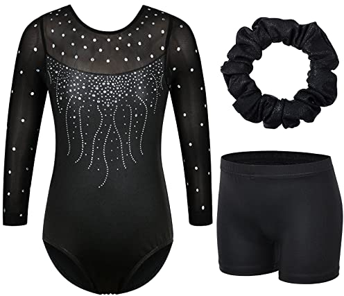 ZNYUNE Mädchen Gymnastikanzug 3er Set Kinder Glänzende Turnanzug mit Strasssteine B272 Black 10A