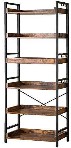 HCHQHS Adjustable 6 Tier Open Bookcase, Rustic Farmhouse Book Shelves, Industrial Wood and Black Metal Bookshelves, Mid Century Bookcase for Home Office Living Room Bedroom