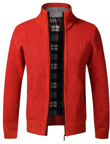 Cardigans Homme Automne Hiver Veste Ouvrez-Front Zippé Slim Fit Couleurs Unie Gilet Léger Chandail Traditionnelle Tricoté Confortable Casual Chaud pour Homme avec Poche et Col DroitRouge Orangé XL