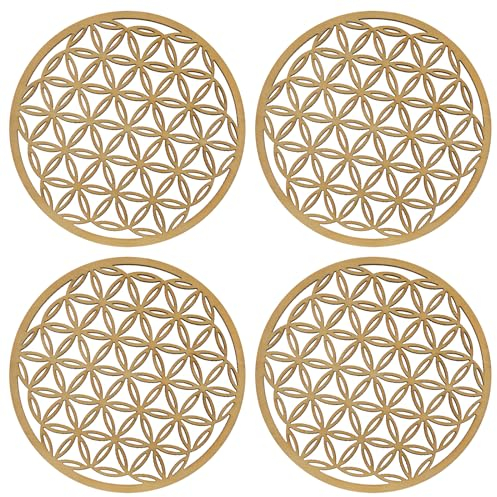 Lot de 4 Dessous de Verre pour Fleur de Vie en Bois, Fleur de Vie pour Recharger Les Pierres, sous-Verres de Décoration pour Fleur de Vie, sous Verres en Bois pour Boissons et Café, 10 x 10 cm