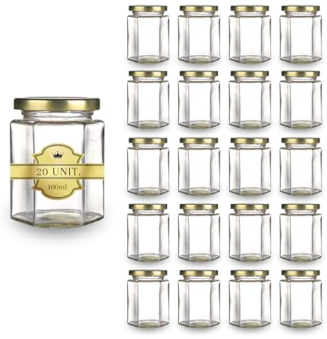 20x Petit Pot de Miel Hexagonal avec Couvercle 100ml - Mini Bocaux, Idéal pour la Conservation de Miel, Confiture, Épices, Yaourt- Cadeau Invités Mariage, Faveurs de Mariage et Baby Shower