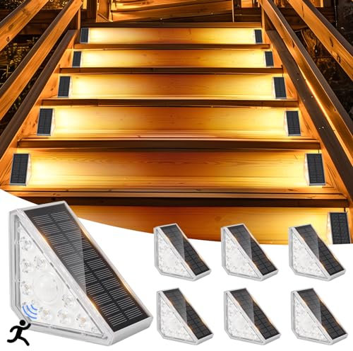 GuKKK - Lámpara solar exterior, 6 unidades, luces solares de escalera con detector, 3000 K, escaleras, iluminación para caminos, iluminación exterior solar, IP67, impermeable, luces led escaleras