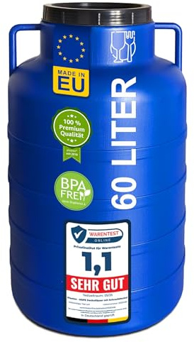 Plasteo® 60 Liter Weithalsfass Blau Rund mit Deckel und Henkeln, Lebensmittelecht und BPA-Frei, Futtertonne Kunststofffass Universalfass Deckelfass Wasserfass Regentonne Lagerfass