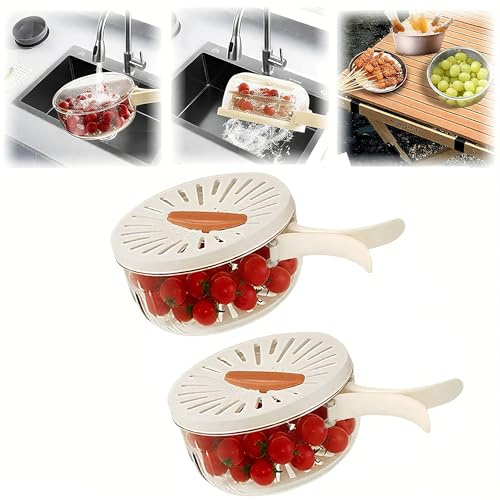 2 cuencos multifuncionales para lavar frutas con colador, cesta de drenaje 2 en 1 y recipiente colador de frutas con tapa, cuenco de lavado de frutas para cocina, nevera, picnic y campamento (1 cuarto