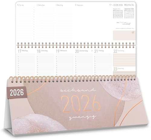 Häfft® Wochen-Tischkalender 2026 quer mit Aufsteller Soft Beige 1 Woche 2 Seiten, Schreibtisch-Kalender mit Sprüchen, Wochenkalender 29,7 x 11,6 cm - nachhaltig & klimafreundlich