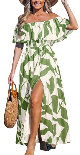 CUPSHE Vestido de mujer de verano con forma de vestido de hombros descubiertos largo maxi con volantes ajustado en la cintura con estampado tropical, verde y blanco, L