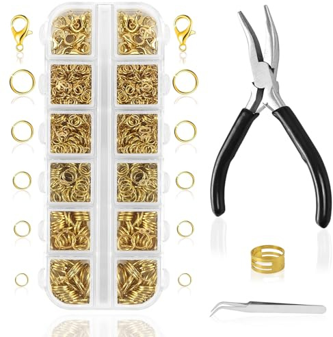 YIMETOP 1200 piezas de anillas para hacer joyería, anillas y cierres para collares con pinza para anillas, herramienta para la joyería DIY y reparación de collares (dorado)