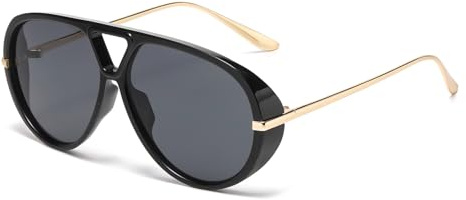 LJCZKA Lunettes de Soleil Pilote Rétro pour Femmes Hommes, Lunettes de Soleil Double Pont Années 70 Grande Cadre Métallique Protection UV400 (Noir Gris)