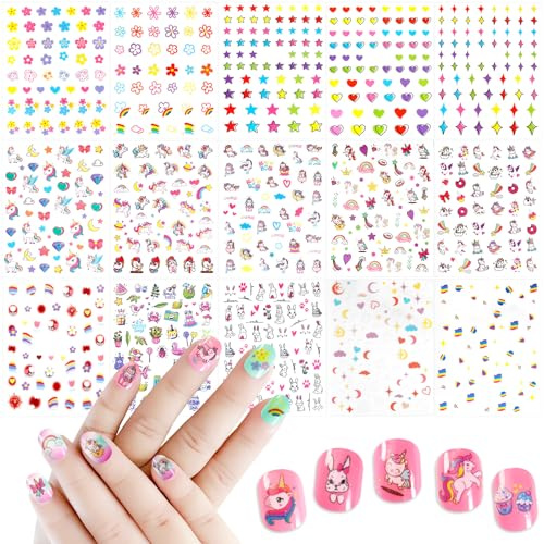 Allstarry Adesivi per Unghie Bambini, 15 Fogli di Nail Stickers per Ragazze Autoadesivi con Animali Arcobaleno Fiori Cuori Stelle e Unicorni Nail Art Facile da Applicare Regalo Compleanno e Natale