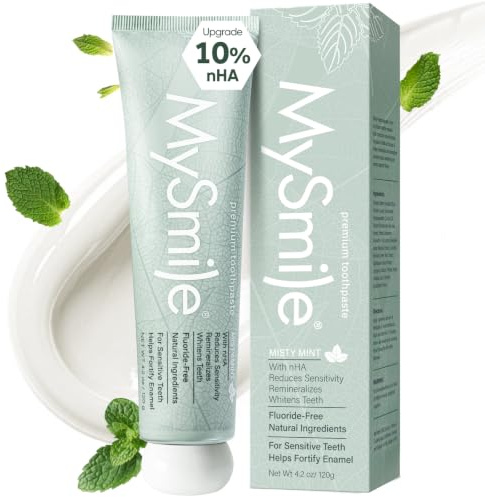 MySmile Fluoridfri tandkräm, Nano Hydroxiapatit för känsliga tänder, stärker emalj, stödjer påminnelser och ljusa tänder, fräschar upp andedräkten för vuxna, SLS-fri, naturlig dimmig mynta, 120 g