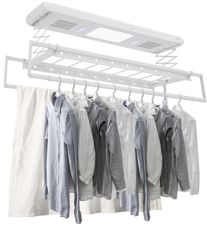 DSYOGX Elektrisk takmonterad klädertork, utdragbar takmonterad elektrisk torkställning, med fjärrkontroll och 24W 6500K LED-belysning, för små hushåll (porslinsvit)