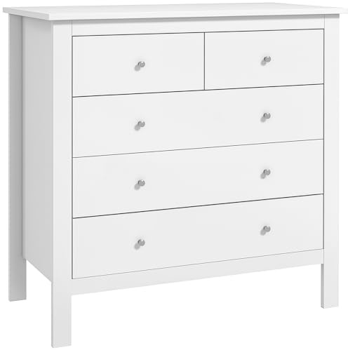 HOMCOM Cómoda con 5 Cajones, Cómoda Dormitorio con Patas Elevadas, Cajonera para Salón, Oficina, Estilo Moderno, 79x39,5x80,5 cm, Blanco