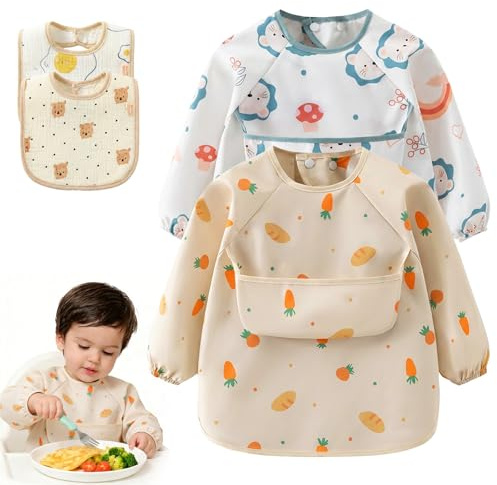 Qibivfo Lot de 4 Bavoirs Bébé, 2 Bavoirs à Manches + 2 Bandanas Réglables, Imperméables, Séchage Rapide, Lavables en Machine, pour Garçons & Filles 6–24 Mois, Repas, Jeu & Peinture