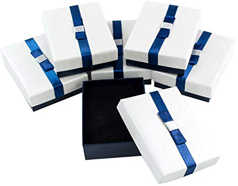 TRIXES 6 PZ Scatola gioielli - Scatole regalo in cartone con coperchio - Blu scuro e bianco perlato - Interno imbottito - per esposizione collane orecchini anelli 9 x 7 x 3 cm
