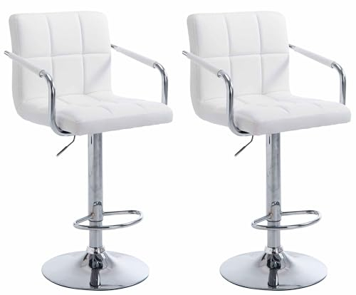 CLP 2er Set Barhocker Lucy V2 Mit Kunstlederbezug I Höhenverstellbarer Barstuhl I Thekenhocker Mit Armlehnen Und Fußstütze, Farbe:weiß, Gestell Farbe:Chrom