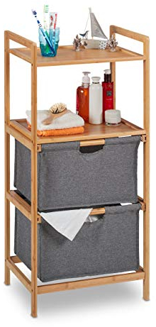 Relaxdays Badregal mit Wäschekorb, 2 Ablagen & 2 Stoffkörbe, Wäschesortierer Bambus, HBT: 96 x 44 x 34 cm, Natur/grau