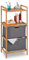 Relaxdays Badregal mit Wäschekorb, 2 Ablagen & 2 Stoffkörbe, Wäschesortierer Bambus, HBT: 96 x 44 x 34 cm, Natur/grau