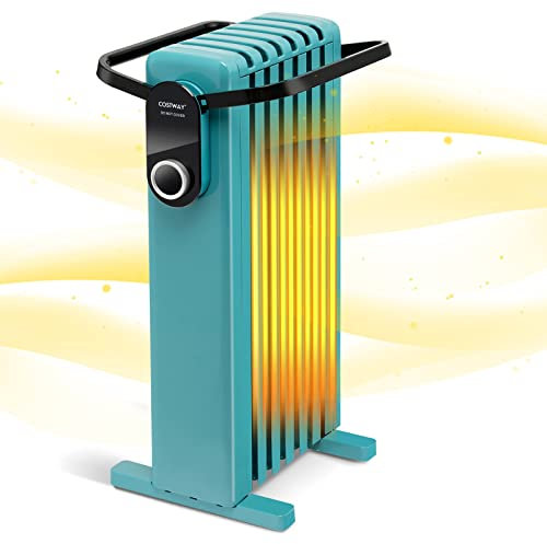 COSTWAY 1500W Radiador Eléctrico de Aceite, Calentador Eléctrico Bajo Consumo, 3 Ajustes de Calor hasta 35°, Estante Plegable para Colgar, Calentador de Bajo Ruido de Interior (Verde 7 aletas)