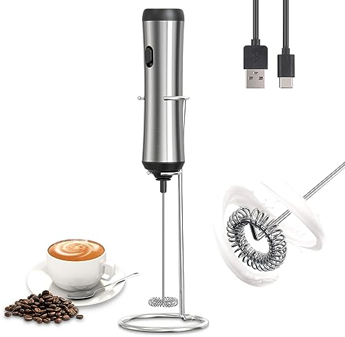 Montalatte Elettrico,Frullino Montalatte in Acciaio INOX,Con Supporto in Acciaio INOX,Schiumatore Latte Ricaricabile, Potente 10000-15000 RPM,Montalatte Manuale per Latte, Cappuccino,Acciaio