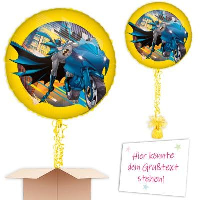 Mit Helium gefüllter Ballon als Ballongruß zum Kindergeburtstag Bbatman 35cm mit Schmuckbändern und Ballongewicht fertig zum verschenken oder versenden an eine andere Lieferadresse