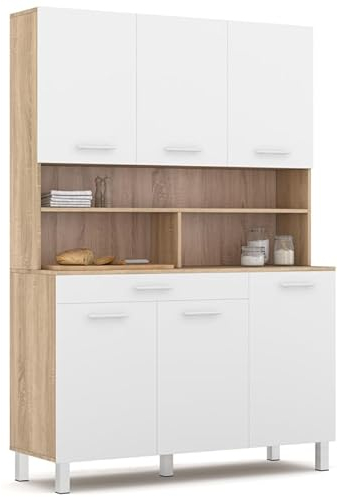 IDMarket - Aparador de cocina 120 cm CINA 6 puertas + cajón de haya y blanco