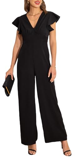 CUPSHE Women's Jumpsuits Casual Elegant V-Neck Ruffle Sleeve Long Wide Legs Vacation Jumpsuit Playsuit With Zipper Black M