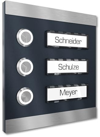 Graviers Design Campanello condominio Targhetta 3 nomi - V2A acciaio inox 140x150 mm - Pulsante LED incasso selezionabile esterno per porta d'ingresso
