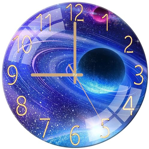 ALEENFOON Glasväggklocka 30 cm tyst icke-tickande kvalitet kvarts batteridrivna runda väggklockor för kök vardagsrum sovrum hall kontor (Cosmisk planet)