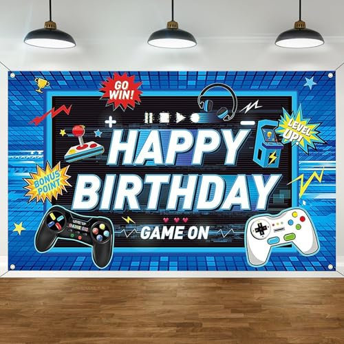 DazzJoy Happy Birthday Spiele Banner - 180x110cm Blau Gaming Hintergrund für Junge - Party Deko Kindergeburtstag