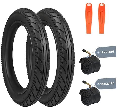 Juego completo de neumáticos de bicicleta de 14 x 125 (54-254), 2 abrigos, 2 mangueras y 2 desmontadores de neumáticos, neumáticos de bicicleta eléctrica premium para bicicletas eléctricas y ruedas de